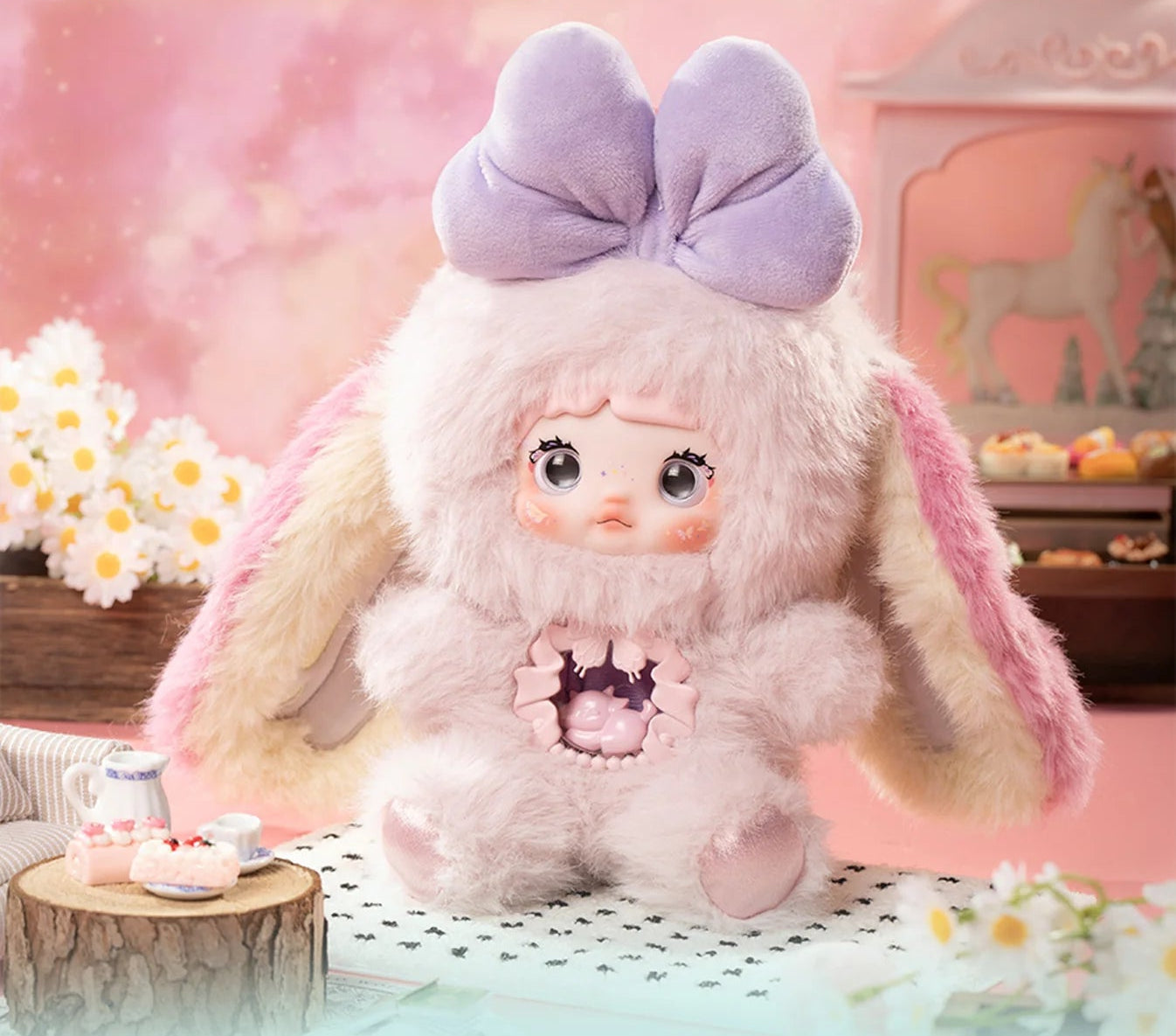 Plush toy with a large bow in a soft, pastel-colored room